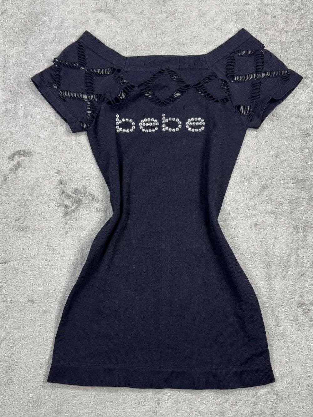 Y2K 2000s Bebe Rhinestone Logo Black Fitted Cutout Baby Tee McBling Whimsigoth